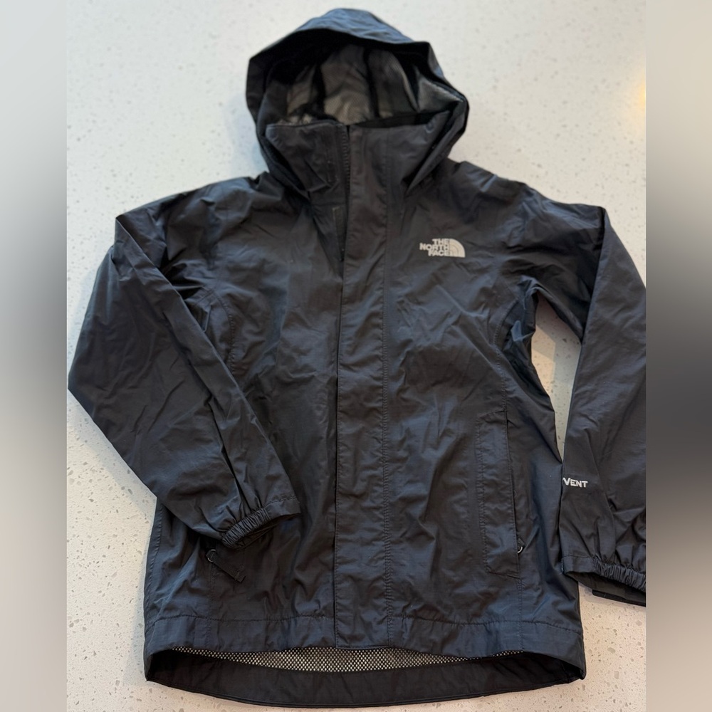 The North Face Hyvent Hooded Rain Jacket Zip Girls Small 7/8 Black Windbreaker